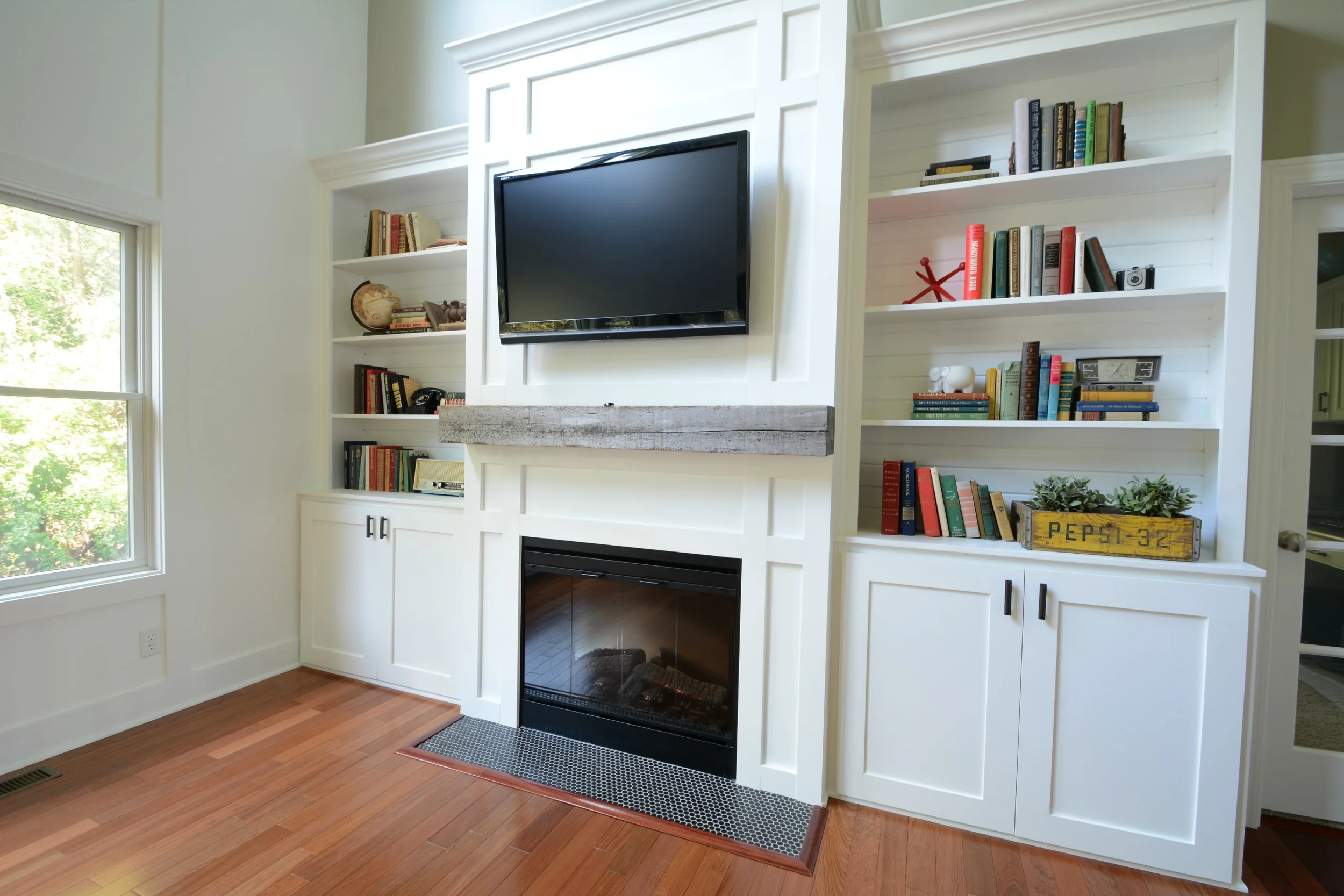 Built in living room cabinets around fireplace deals